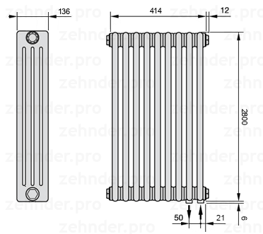 Схема (чертеж) Радиатор Zehnder Charleston 4280/9 №5510 Белый глянцевый RAL 9016